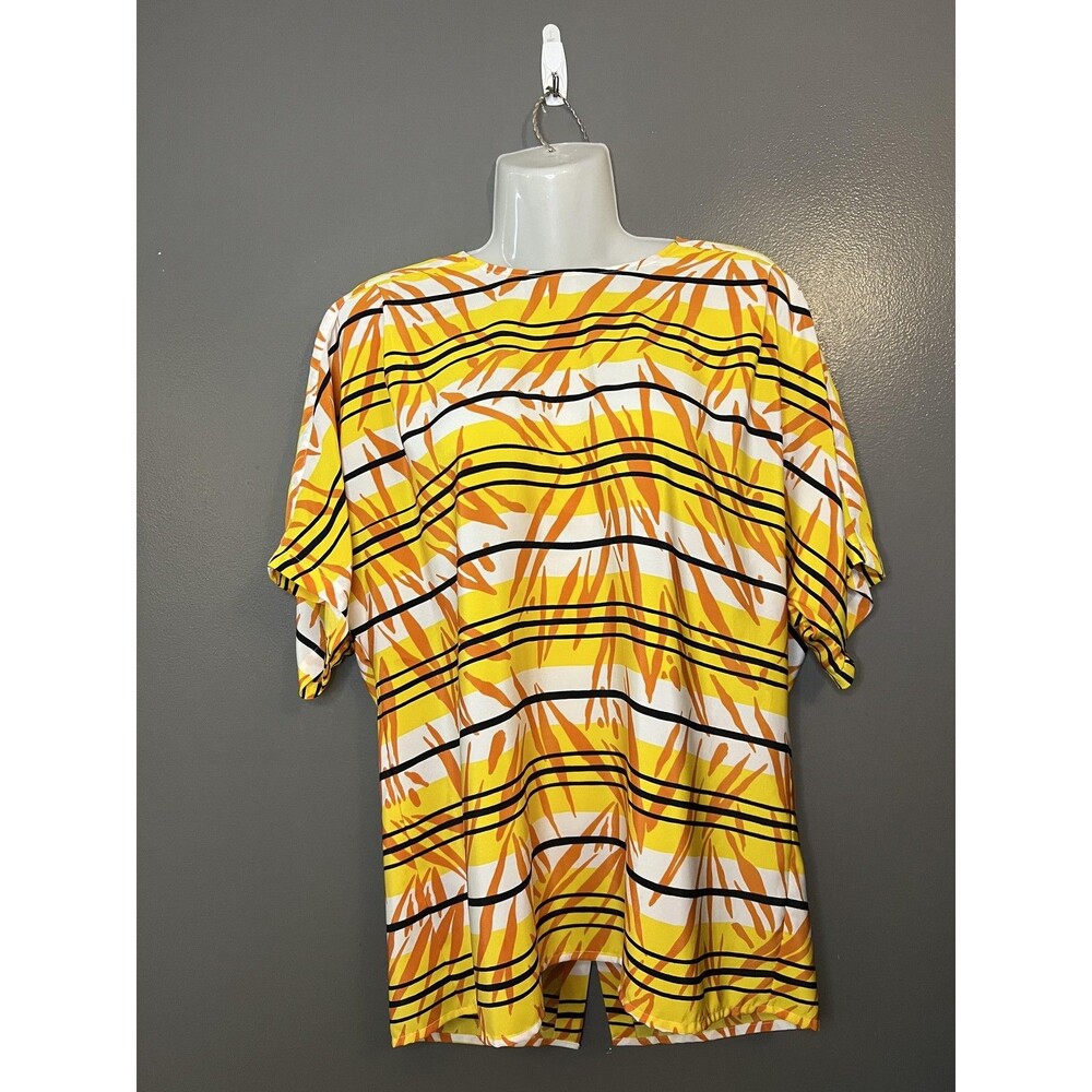 West Bay Shirt Womens 10 Yellow Abstract Stripe Button Back Tunic Top Blouse